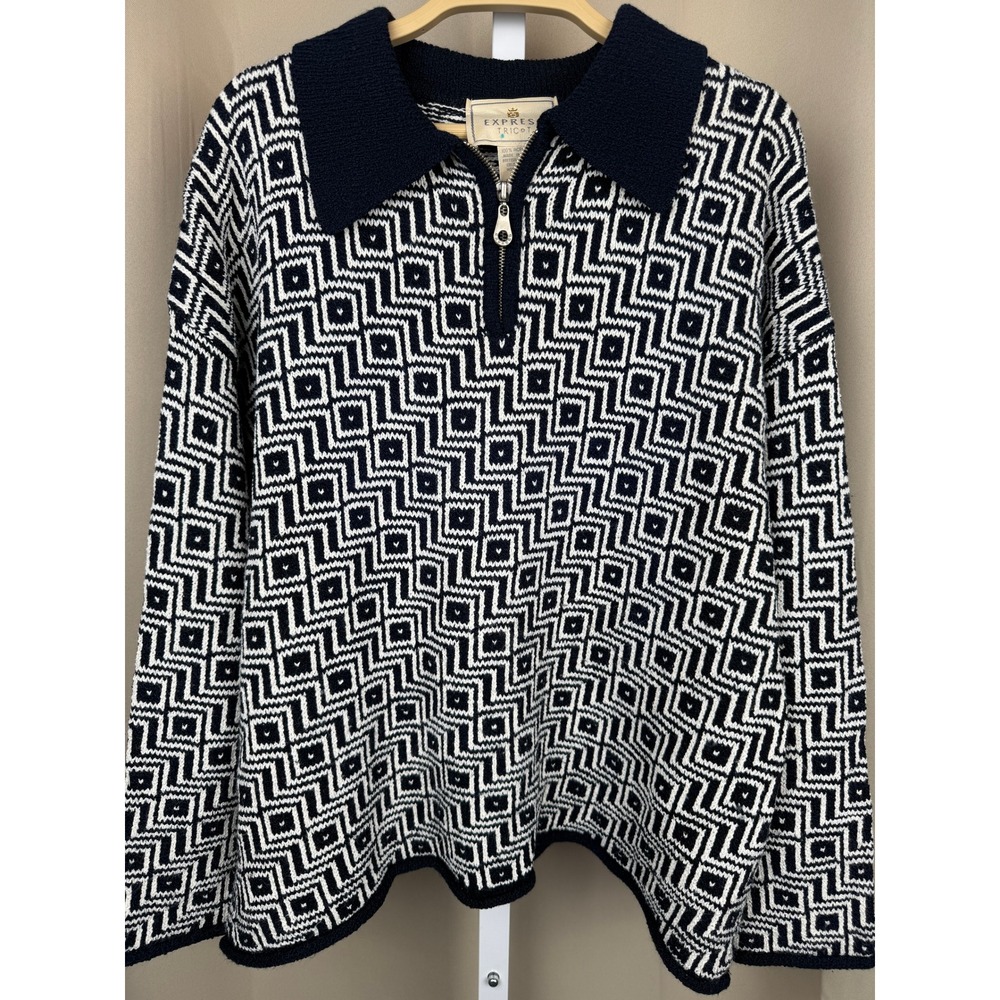 Vintage 90s Express Tricot Black White Geometric Knit Sweater‎ Quarter Zip L